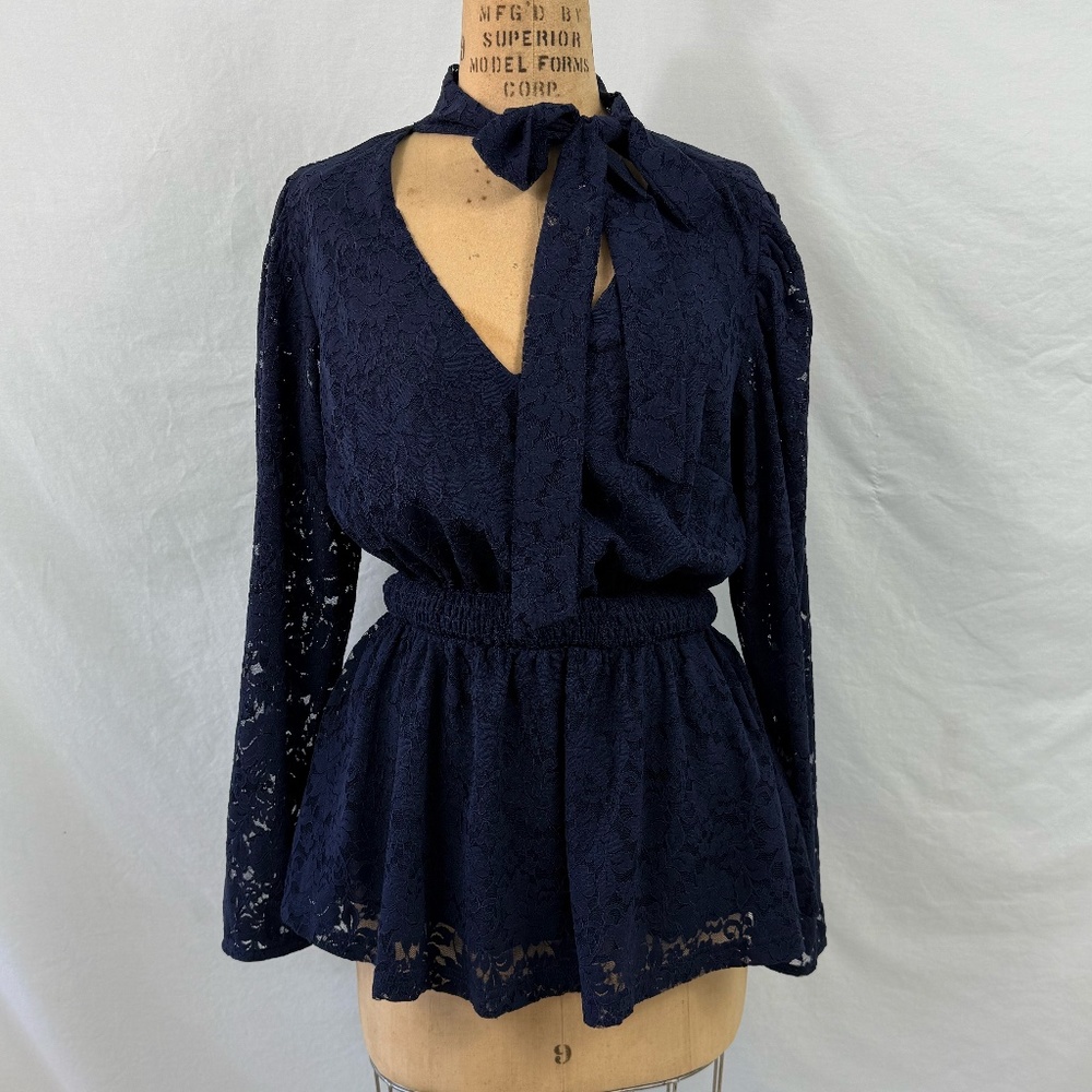 Chic City Navy Blue Lace Long Sleeve V-Neck Blouse With Tie At Neck  Size 14